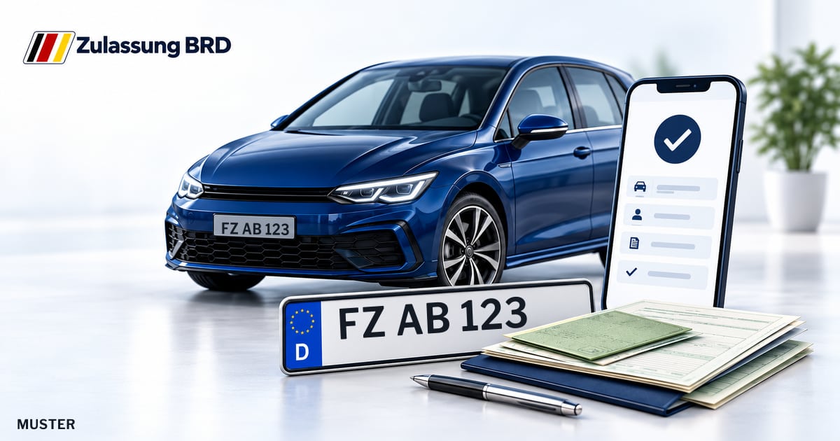 Online Fahrzeugzulassung in Frielendorf: Musterkennzeichen FZ AB 123, Auto und Fahrzeugpapiere und Smartphone. Illustration mit Logo von Zulassung BRD.